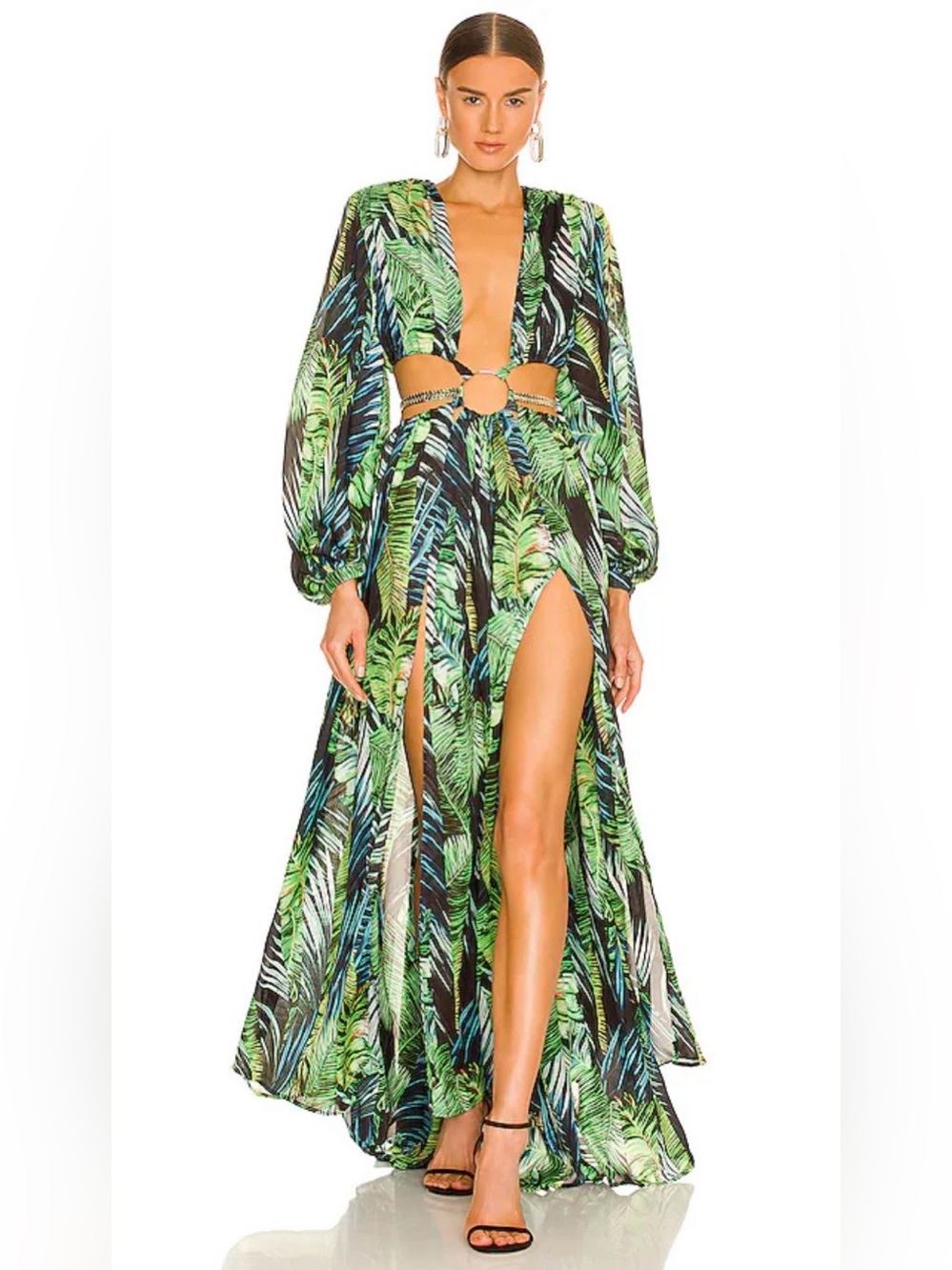 Bronx & Banco Jungle Cut Out Tropical Silk Maxi Dress Green M US 6 - Picture 9 of 14